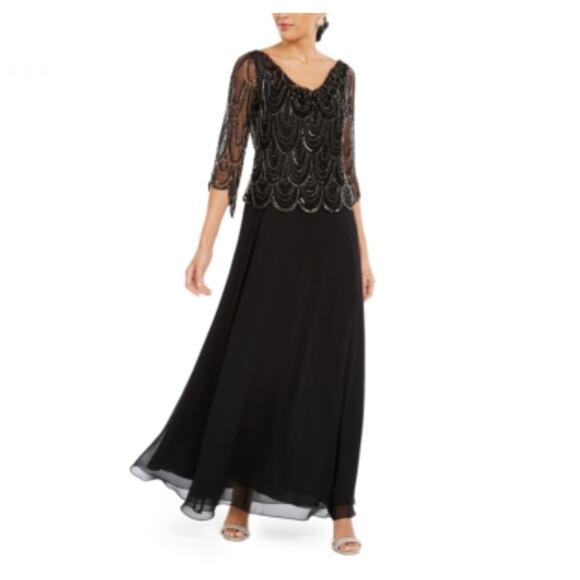 J Kara Dresses & Skirts - JKara Beaded Chiffon Long Sleeve A-Line Evening Gown Black Size 6 Formal Dress